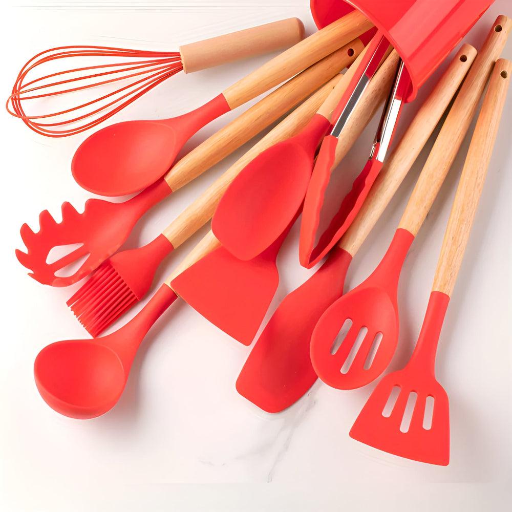 Silicone Kitchen Utensil Set – 12 Heat-Resistant Pieces with Bamboo Handles