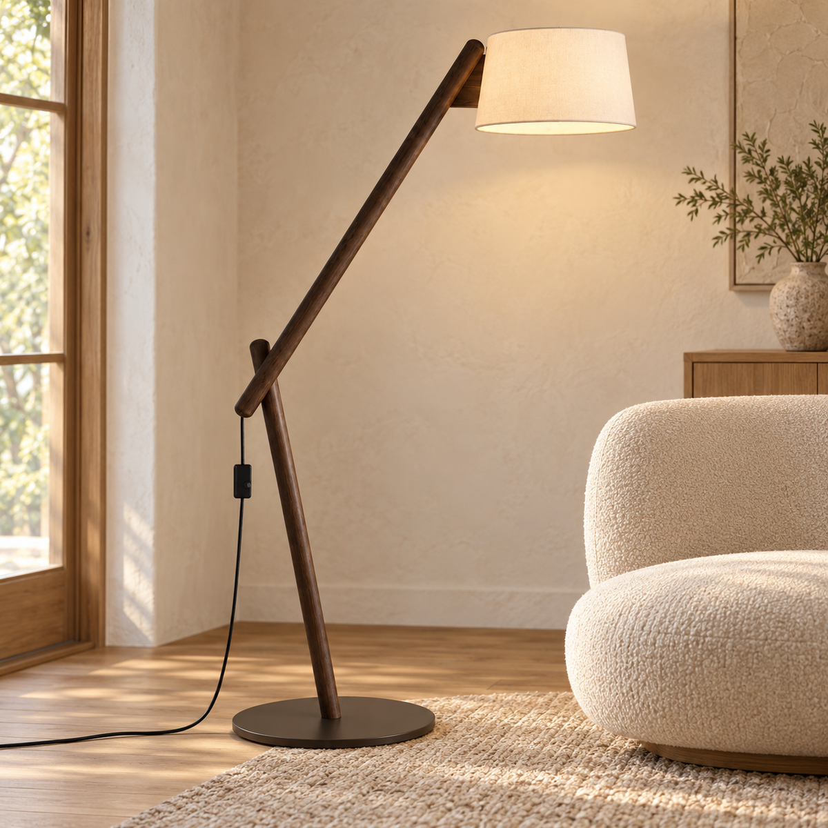 Scandinavian Wood Floor Lamp with Fabric Shade and Angled Frame