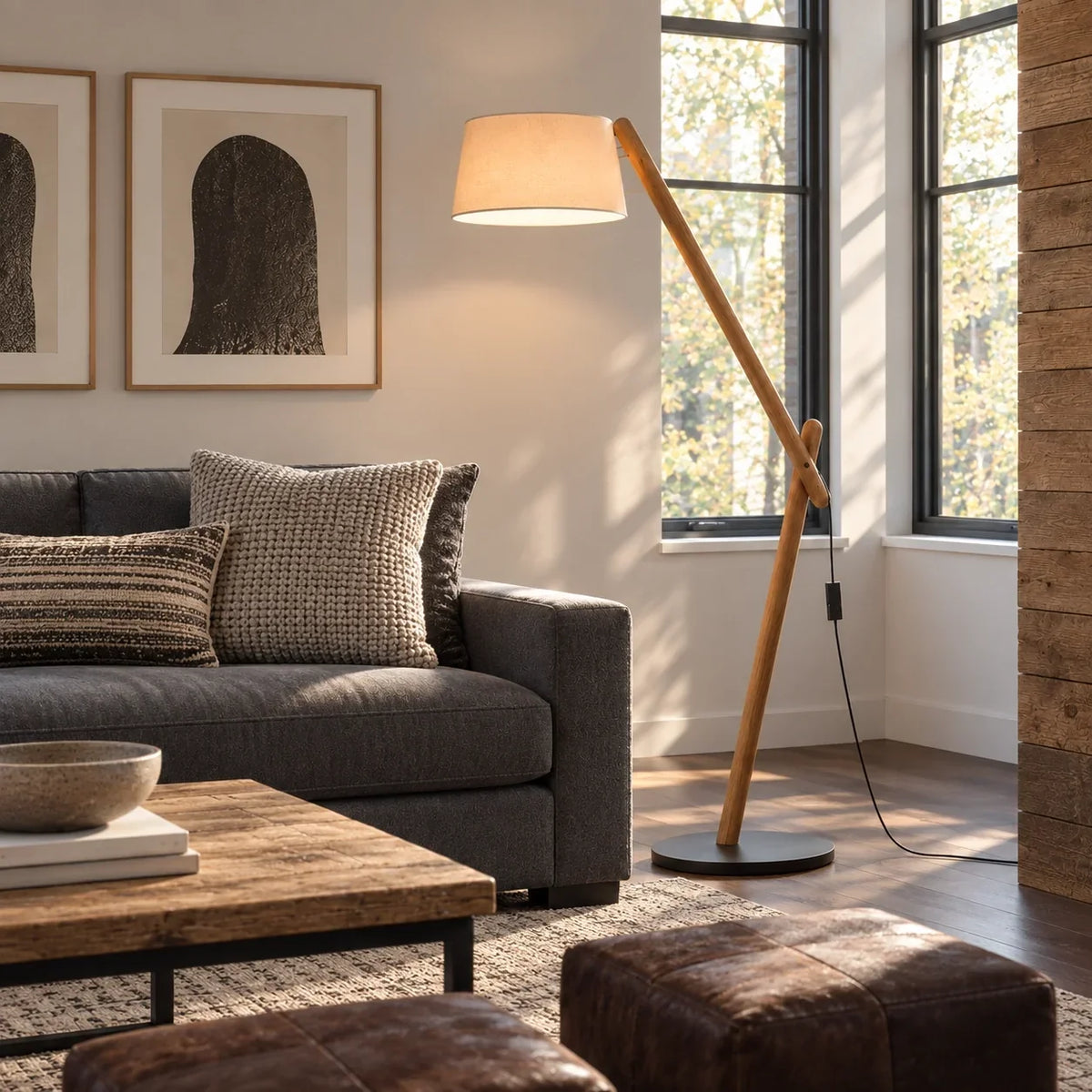 Scandinavian Wood Floor Lamp with Fabric Shade and Angled Frame
