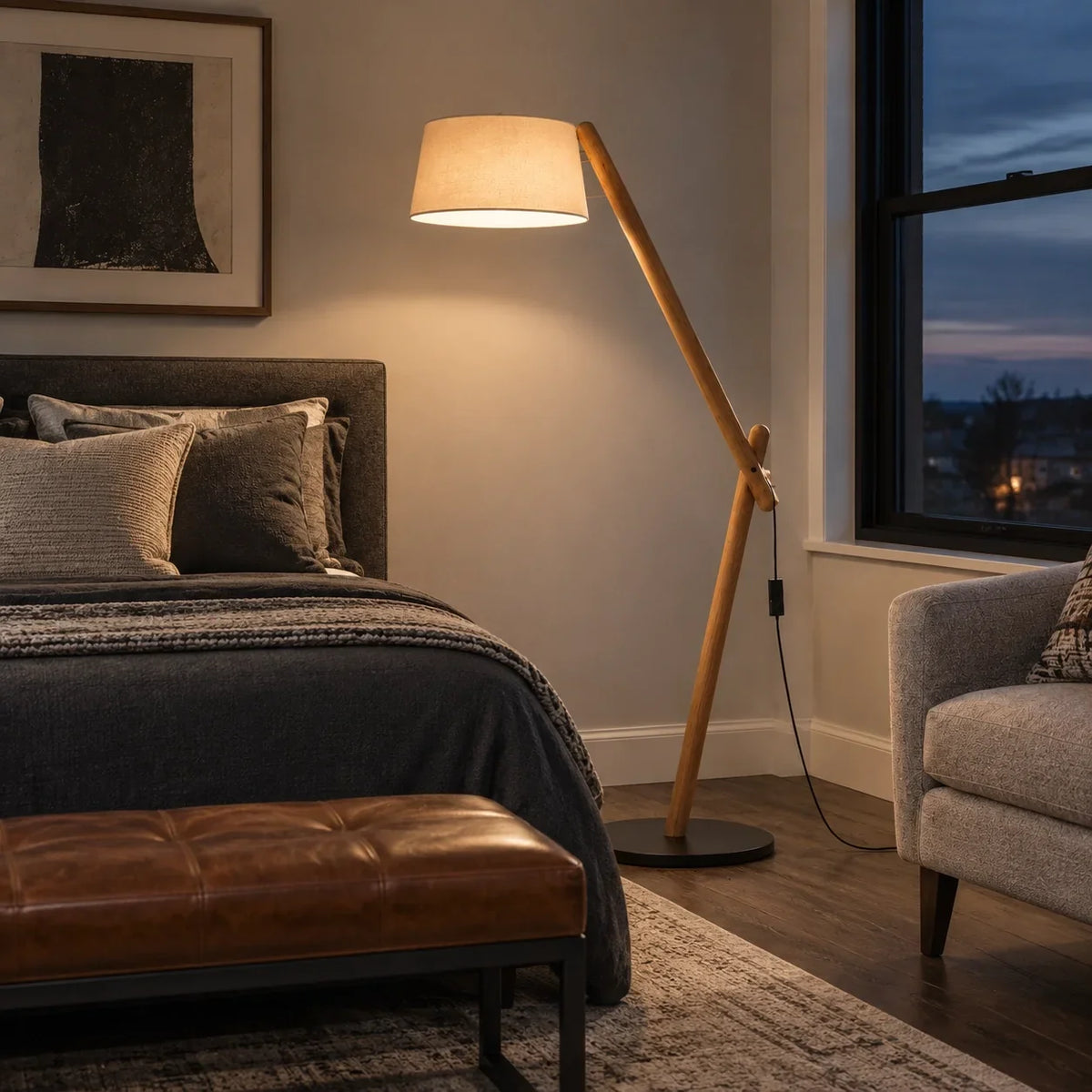 Scandinavian Wood Floor Lamp with Fabric Shade and Angled Frame