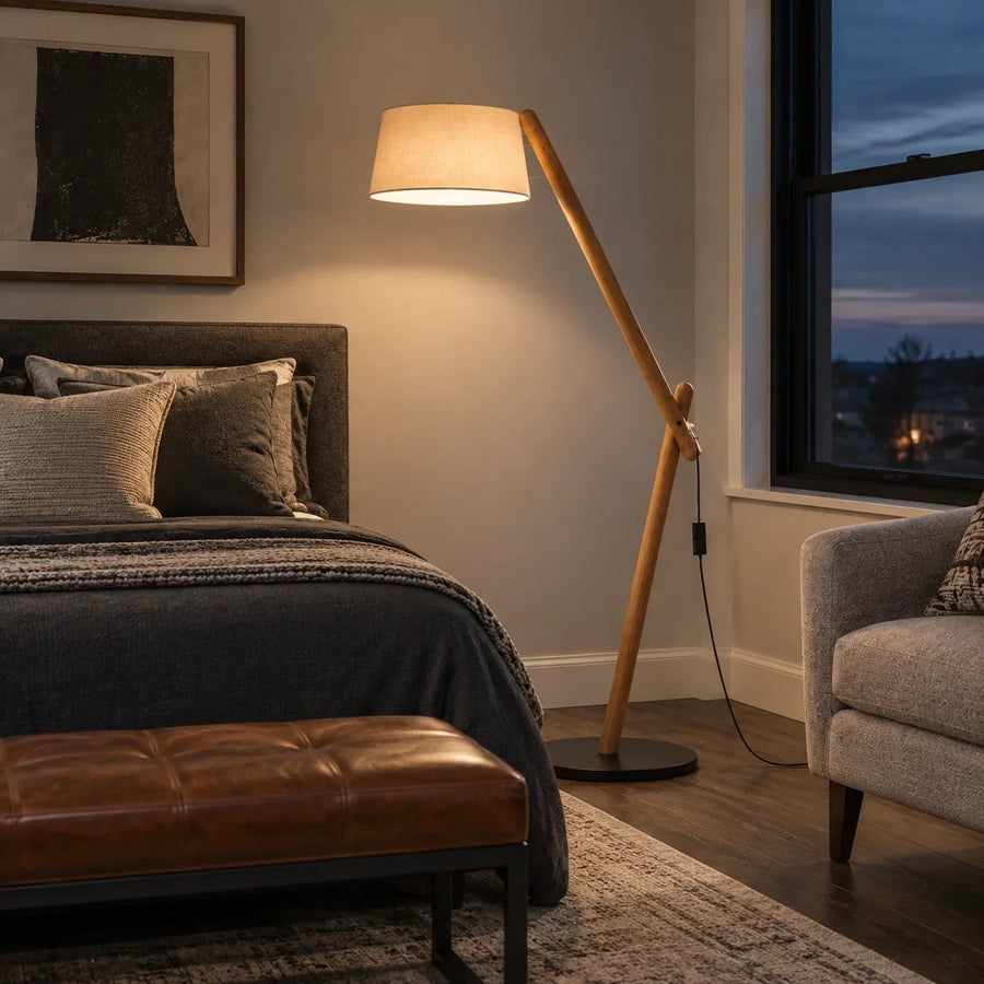 Scandinavian Wood Floor Lamp with Fabric Shade and Angled Frame