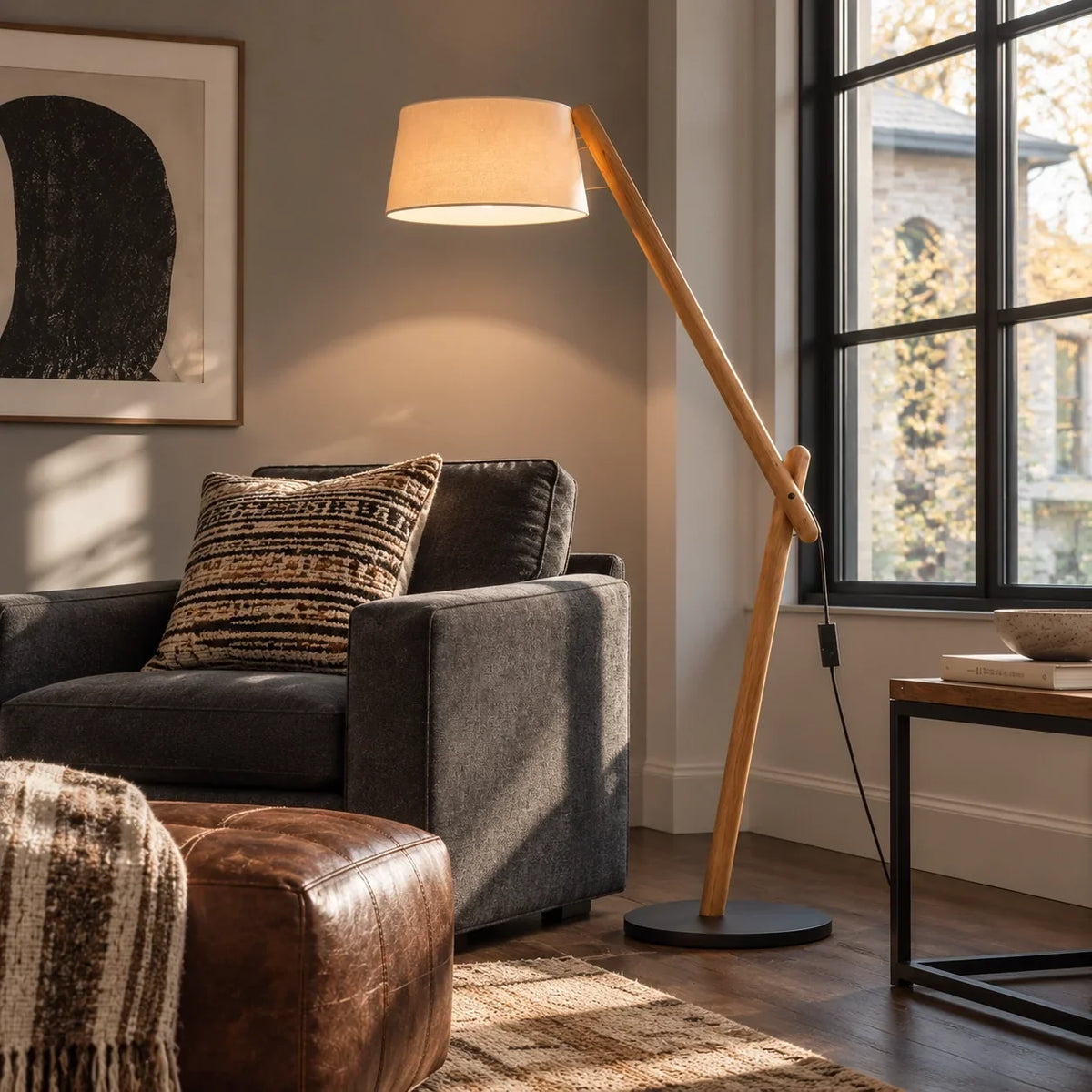 Scandinavian Wood Floor Lamp with Fabric Shade and Angled Frame