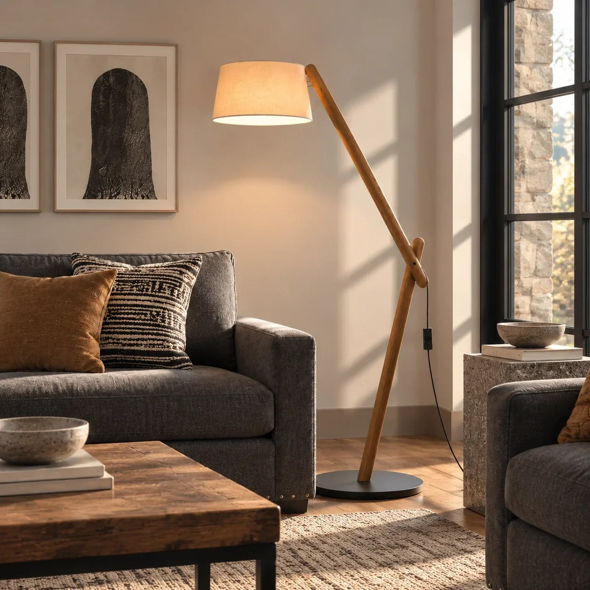 Scandinavian Wood Floor Lamp with Fabric Shade and Angled Frame