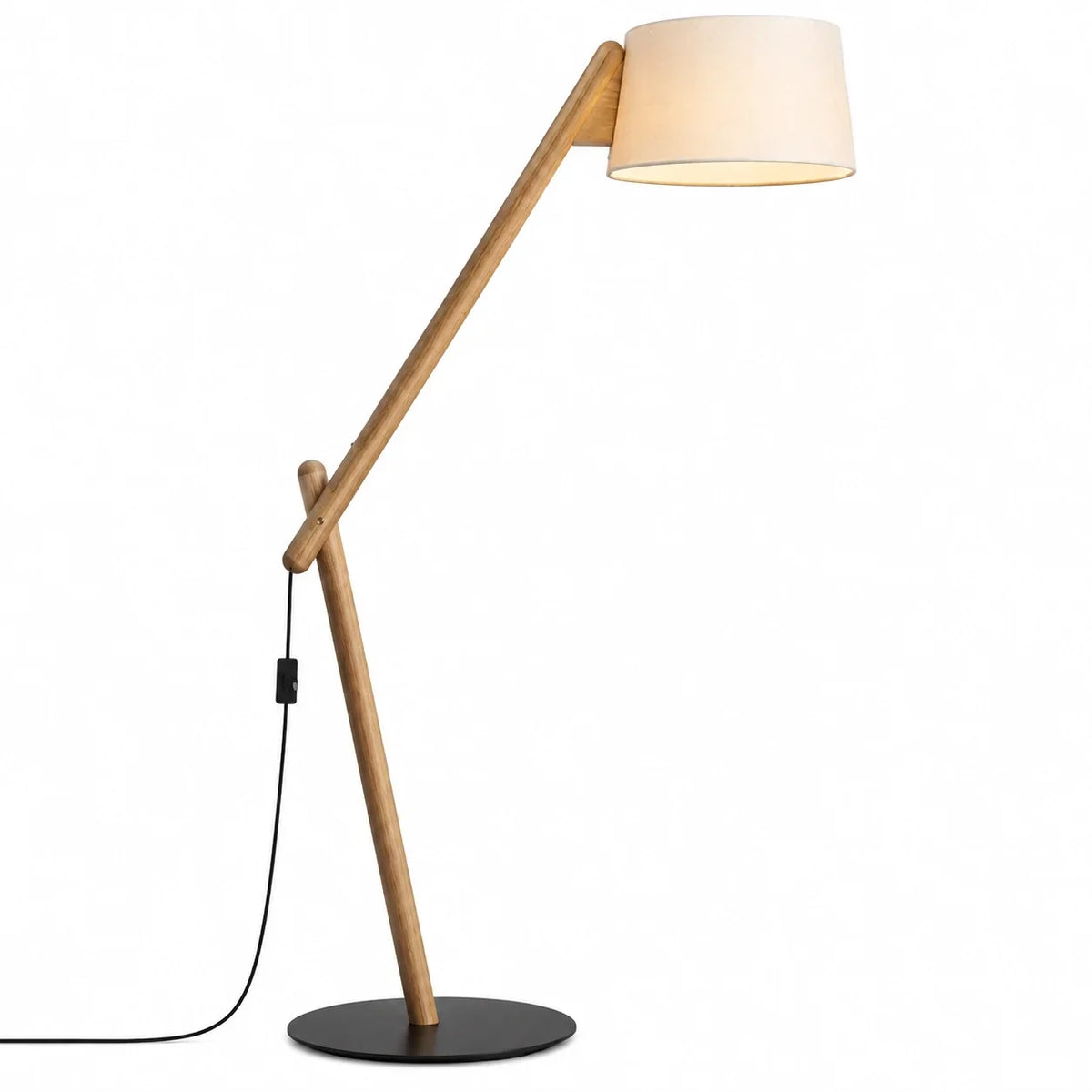 Scandinavian Wood Floor Lamp with Fabric Shade and Angled Frame