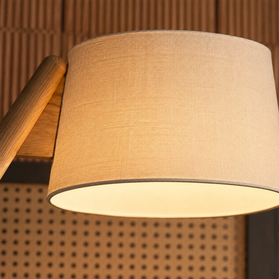 Scandinavian Wood Floor Lamp with Fabric Shade and Angled Frame