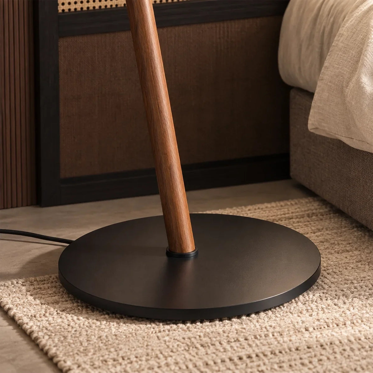 Scandinavian Wood Floor Lamp with Fabric Shade and Angled Frame