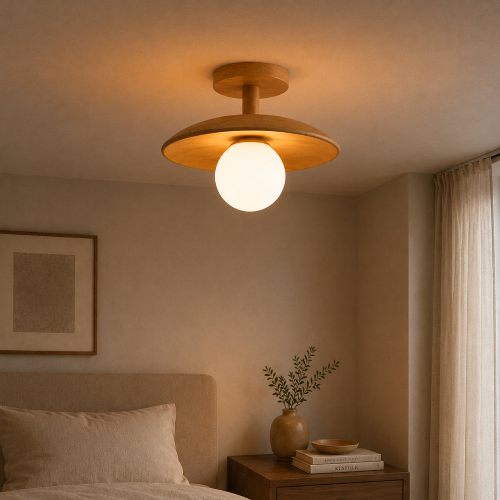 Scandinavian Wood Ceiling Light – Round Design with Opal Glass Globe