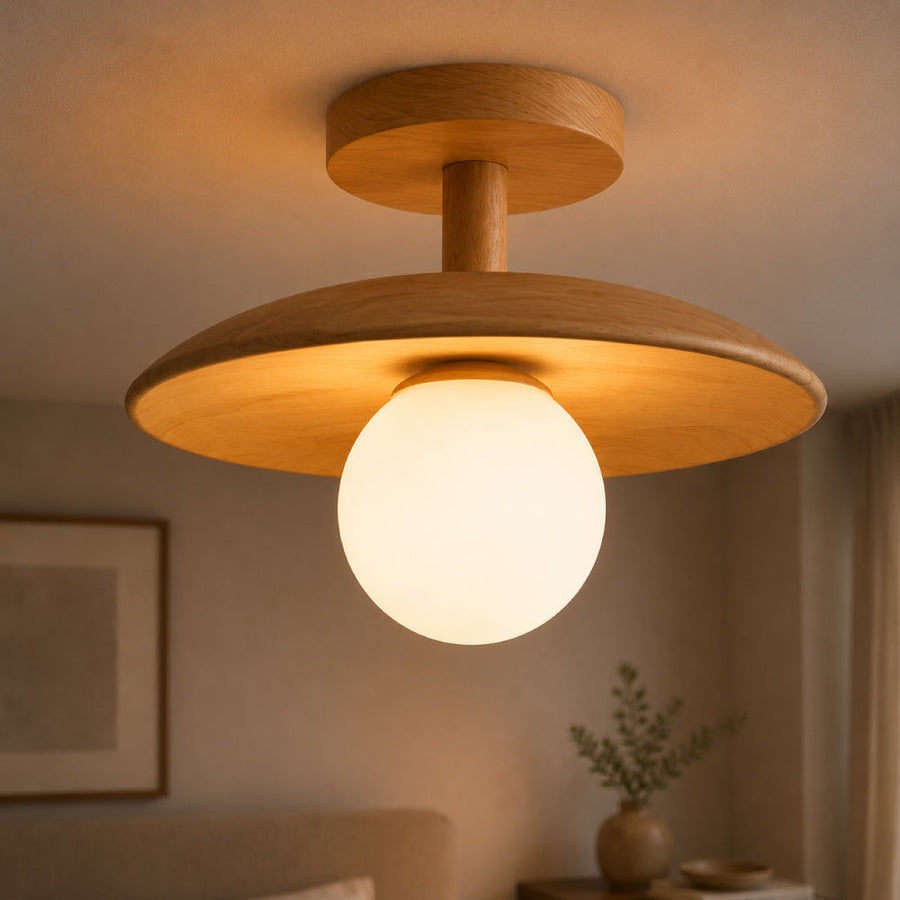 Scandinavian Wood Ceiling Light – Round Design with Opal Glass Globe