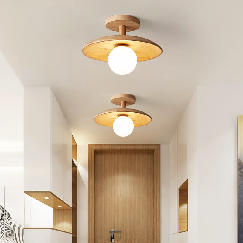 Scandinavian Wood Ceiling Light – Round Design with Opal Glass Globe