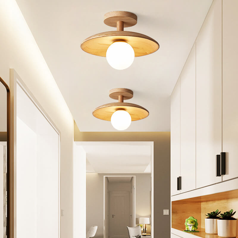 Scandinavian Wood Ceiling Light – Round Design with Opal Glass Globe