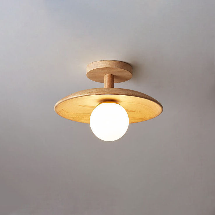 Scandinavian Wood Ceiling Light – Round Design with Opal Glass Globe