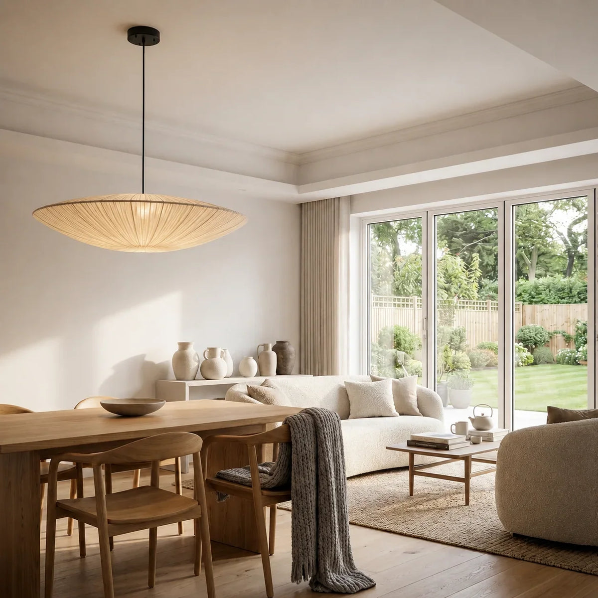 Disc-Shaped Japanese Fabric Pendant Light
