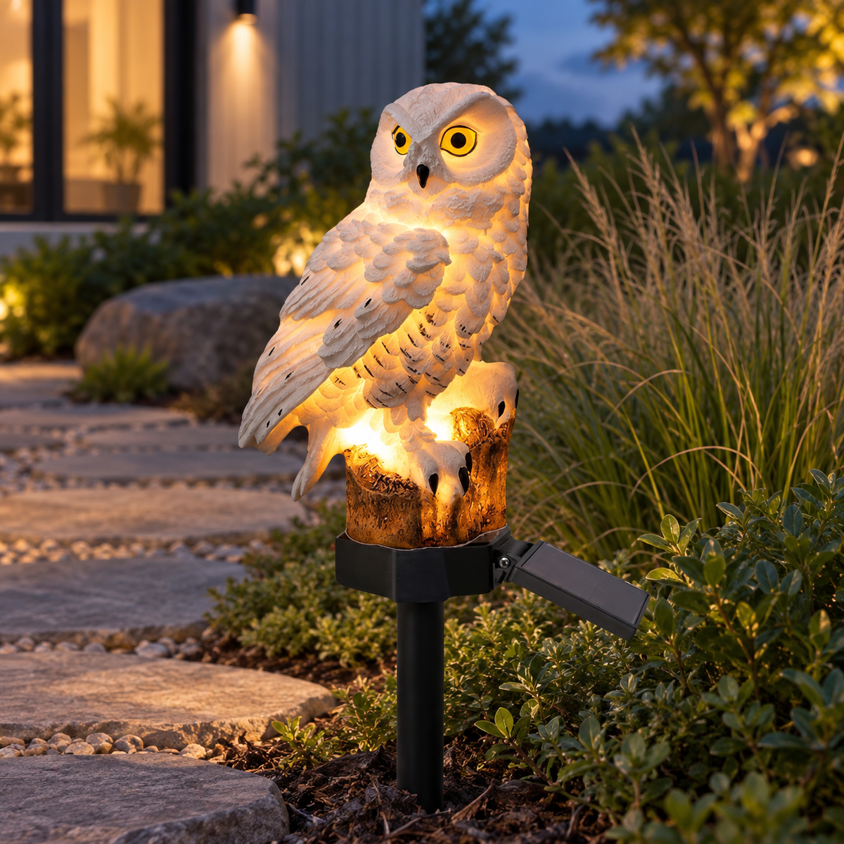 Solar-Powered Resin Owl Lamp with Warm White Light for Outdoor Use