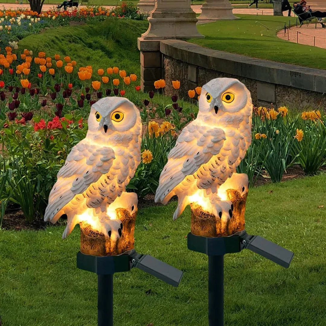 Solar-Powered Resin Owl Lamp with Warm White Light for Outdoor Use
