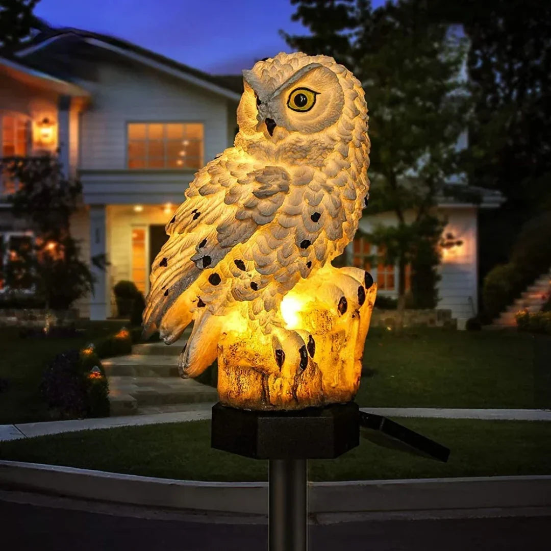 Solar-Powered Resin Owl Lamp with Warm White Light for Outdoor Use