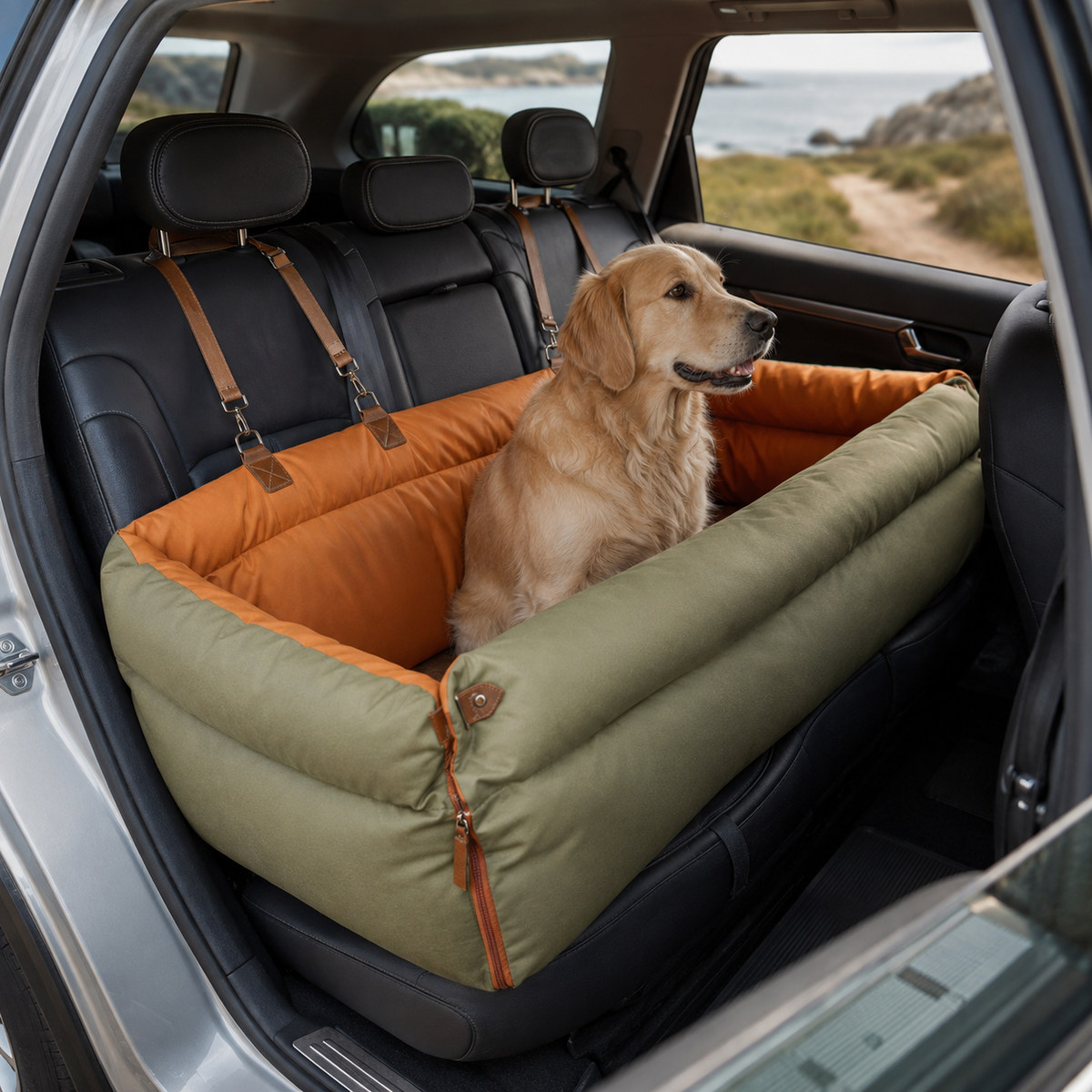 Large Faux Leather Dog Car Seat – Non-Slip Base and Padded Comfort