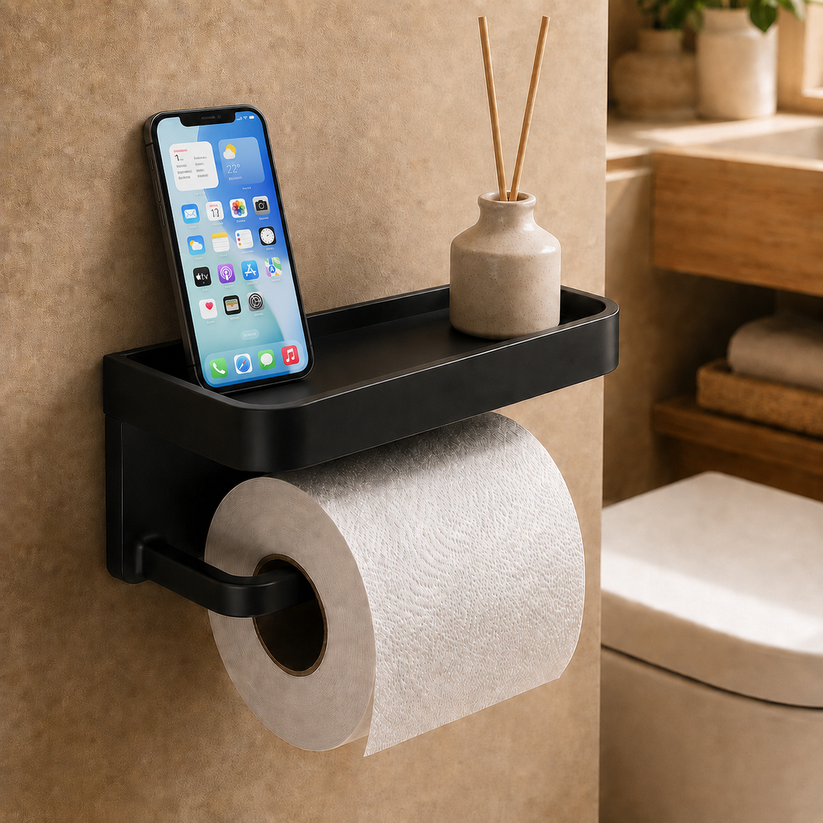 Aluminum Toilet Roll Holder with Storage Shelf – Modern Space-Saving Design