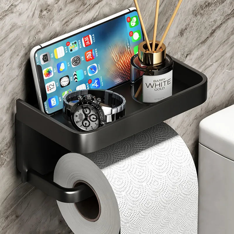 Aluminum Toilet Roll Holder with Storage Shelf – Modern Space-Saving Design