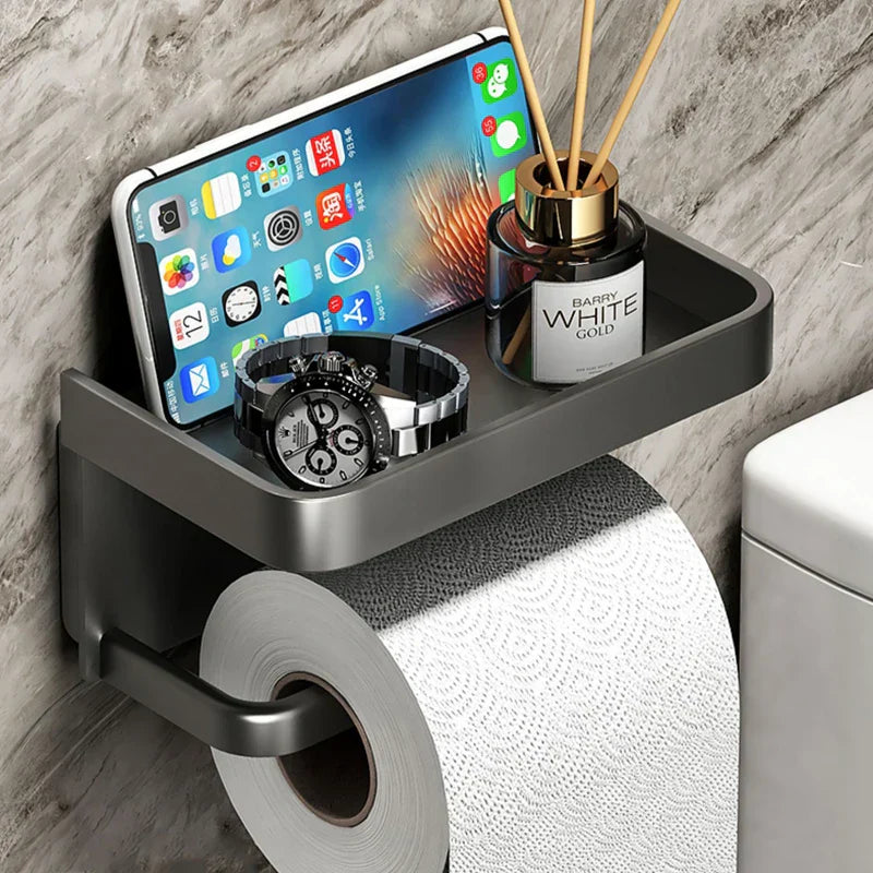 Aluminum Toilet Roll Holder with Storage Shelf – Modern Space-Saving Design