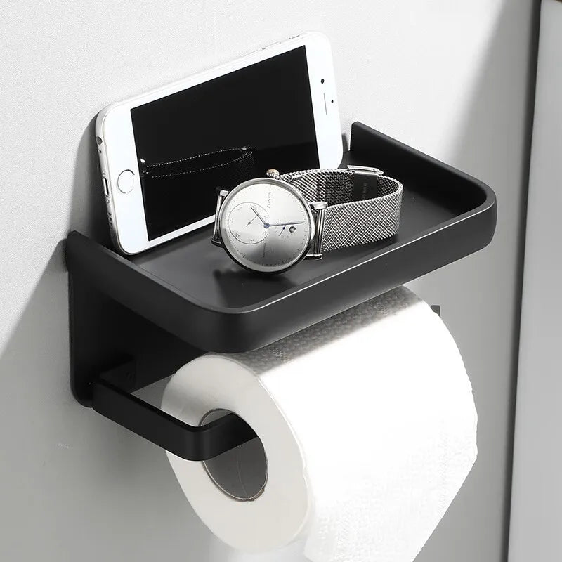Aluminum Toilet Roll Holder with Storage Shelf – Modern Space-Saving Design