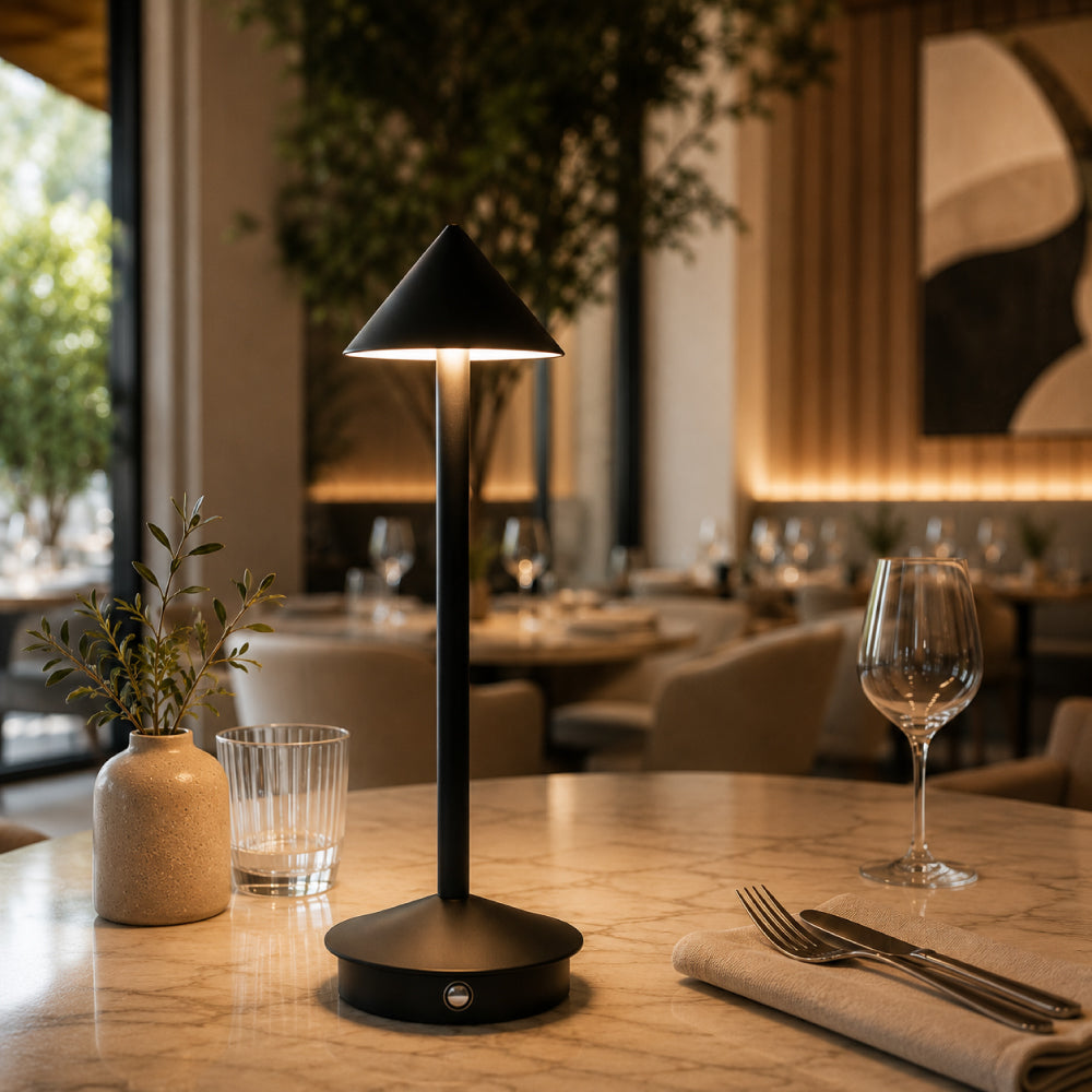 Cordless Aluminum Table Lamp – Cone Shade with Slim Silhouette