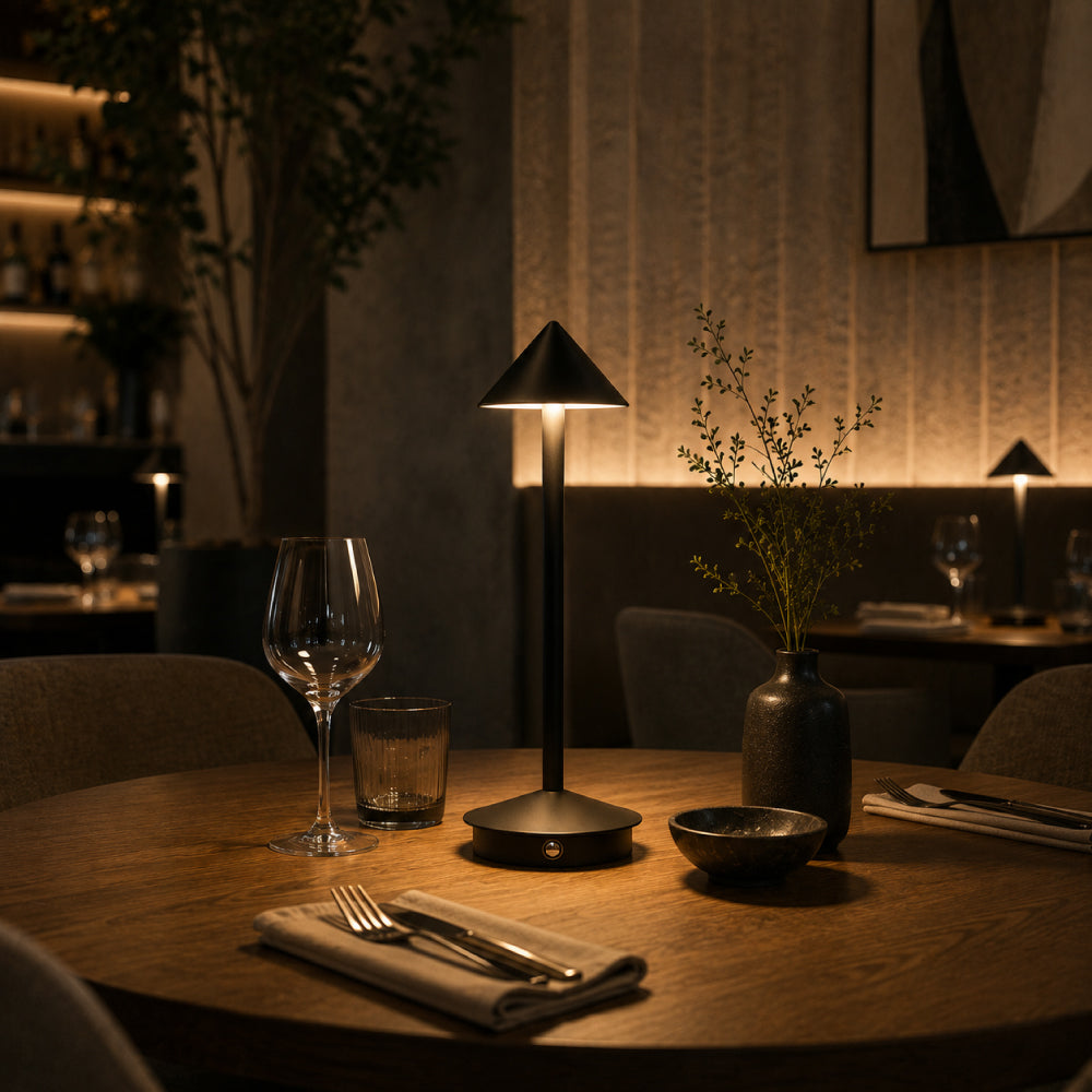 Cordless Aluminum Table Lamp – Cone Shade with Slim Silhouette