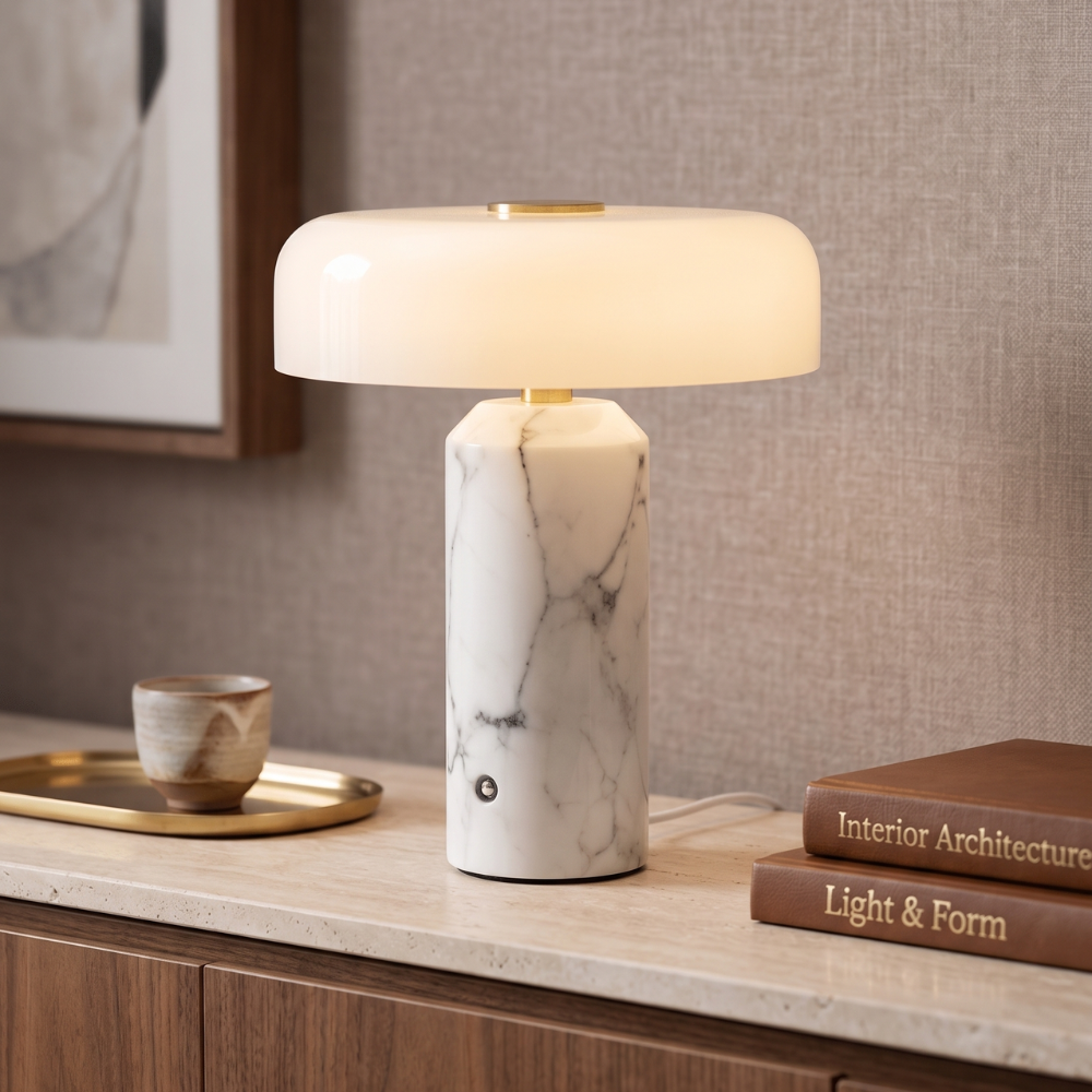 Cordless Marble Table Lamp with Opal Shade and Touch Control – Modern Indoor Lighting