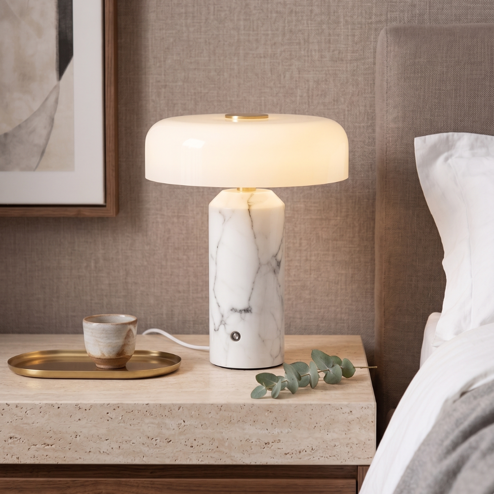 Cordless Marble Table Lamp with Opal Shade and Touch Control – Modern Indoor Lighting