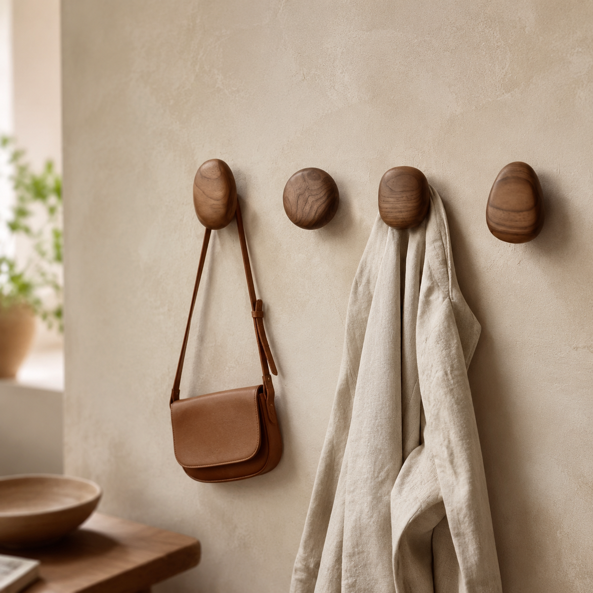 Solid Wood Wall Hooks with Organic Design and High Load Capacity