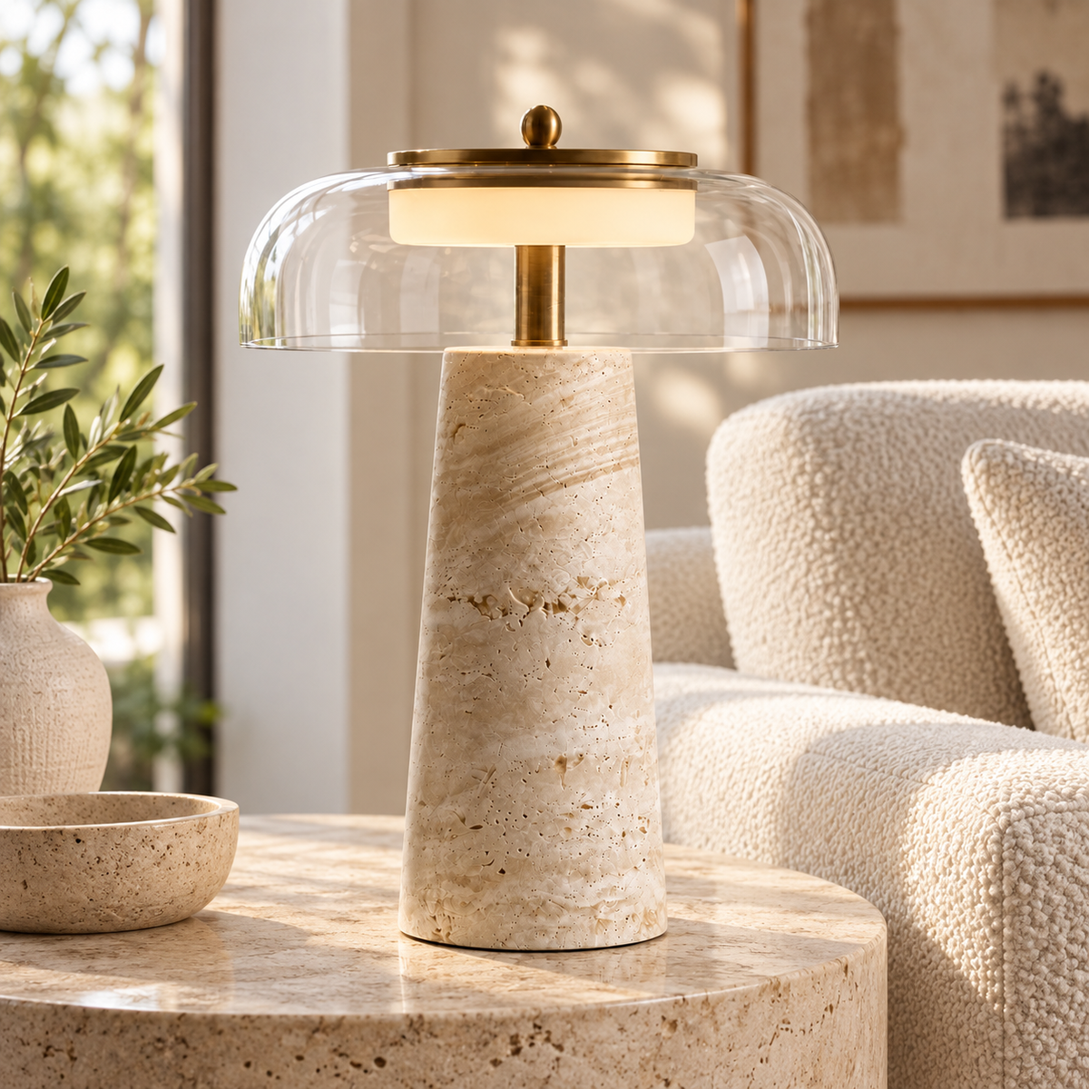 Travertine Glass Table Lamp with Organic Design and Natural Finish