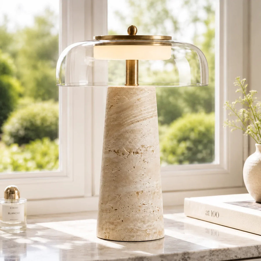 Travertine Glass Table Lamp with Organic Design and Natural Finish