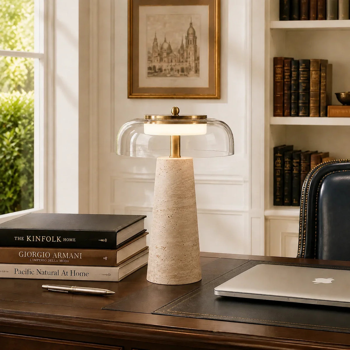 Travertine Glass Table Lamp with Organic Design and Natural Finish