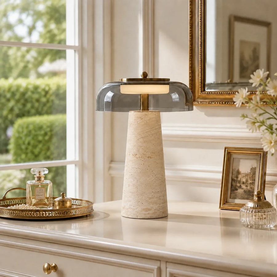 Travertine Glass Table Lamp with Organic Design and Natural Finish