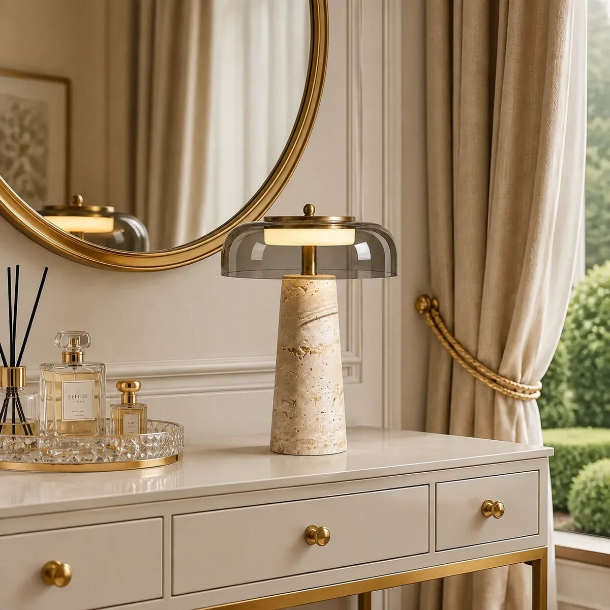 Travertine Glass Table Lamp with Organic Design and Natural Finish