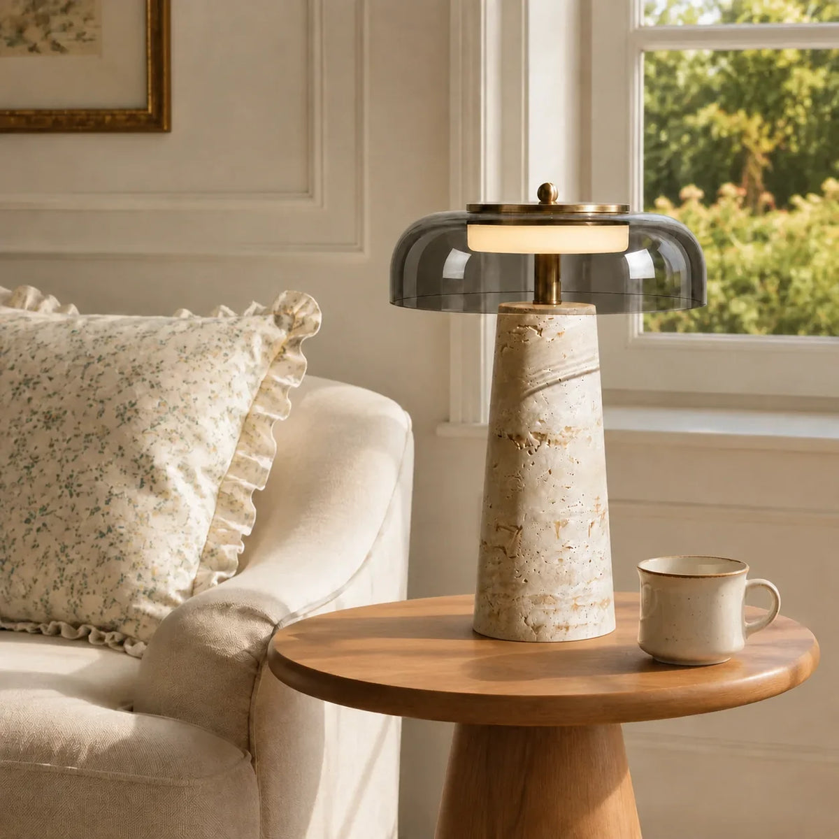 Travertine Glass Table Lamp with Organic Design and Natural Finish