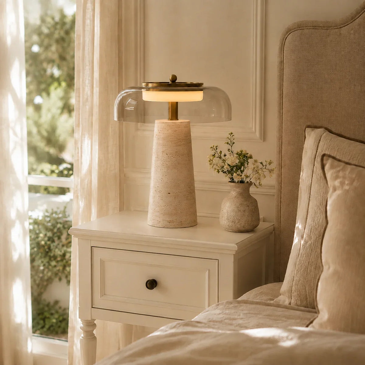 Travertine Glass Table Lamp with Organic Design and Natural Finish