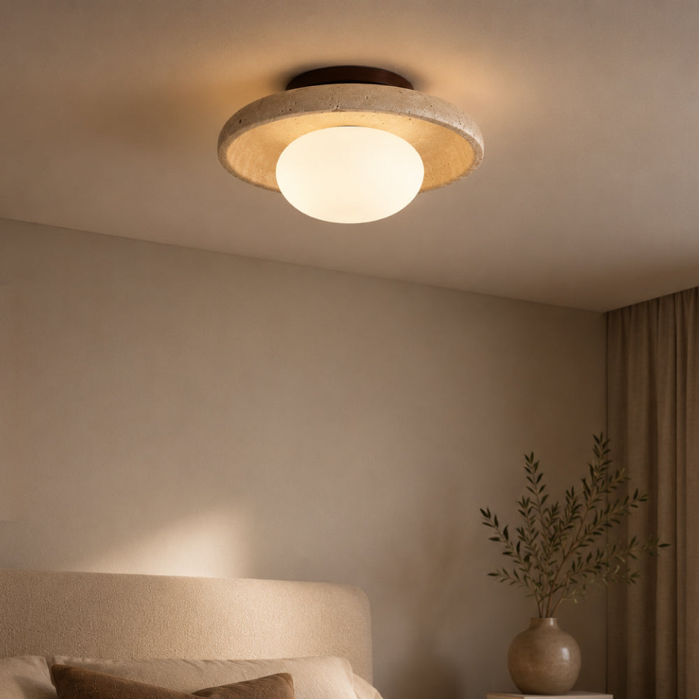 Travertine Ceiling Light – Stone Ring with Globe Light