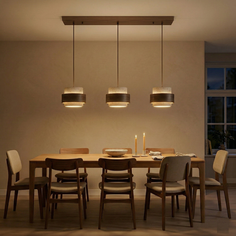 Travertine Pendant Light – Cylindrical Design with Walnut and Adjustable Height
