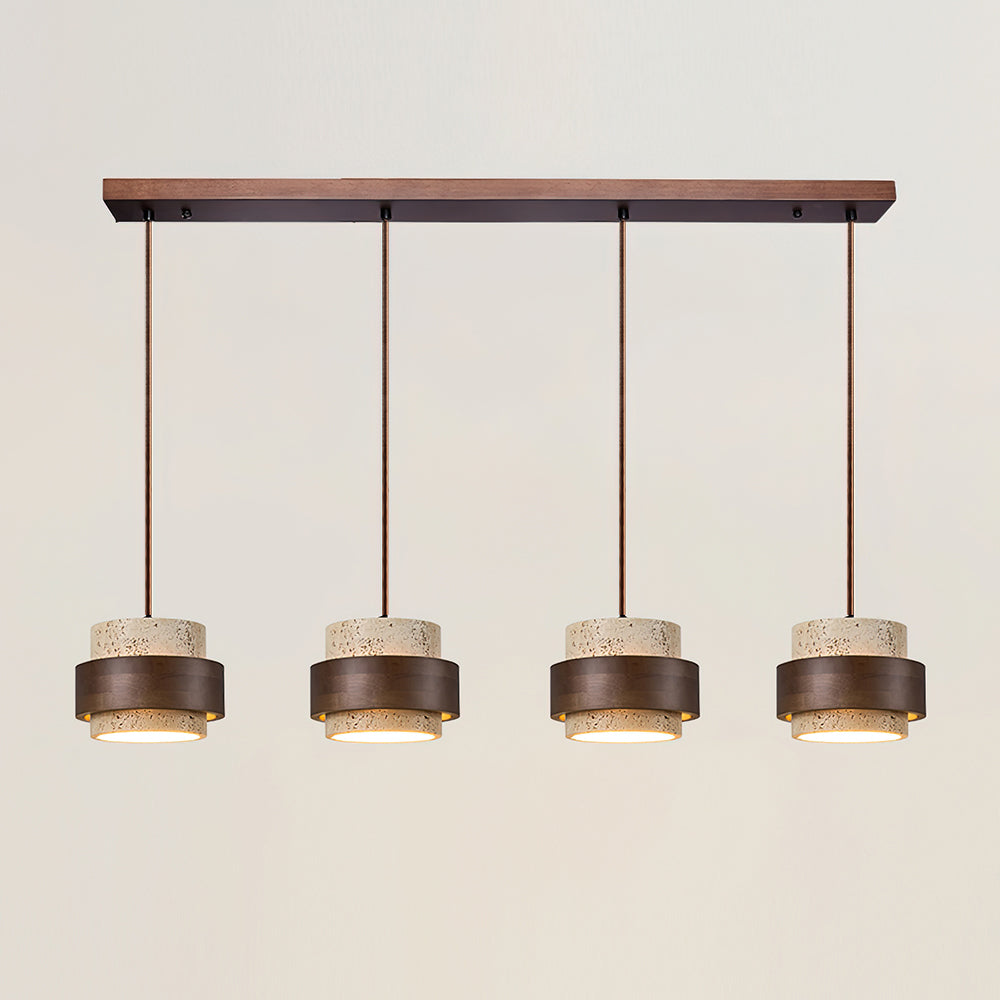 Travertine Pendant Light – Cylindrical Design with Walnut and Adjustable Height