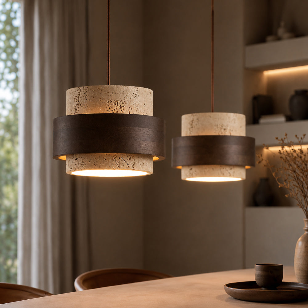 Travertine Pendant Light – Cylindrical Design with Walnut and Adjustable Height