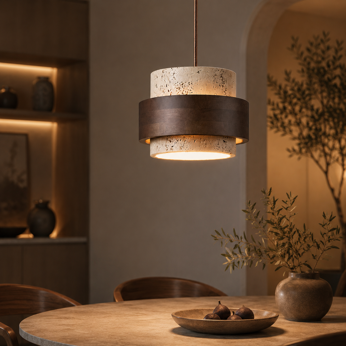 Travertine Pendant Light – Cylindrical Design with Walnut and Adjustable Height