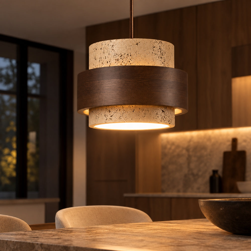 Travertine Pendant Light – Cylindrical Design with Walnut and Adjustable Height