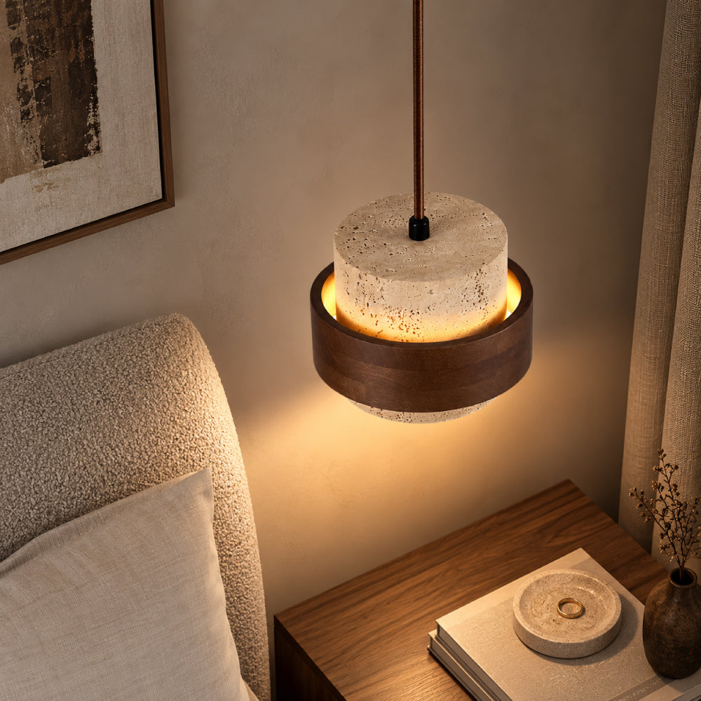 Travertine Pendant Light – Cylindrical Design with Walnut and Adjustable Height