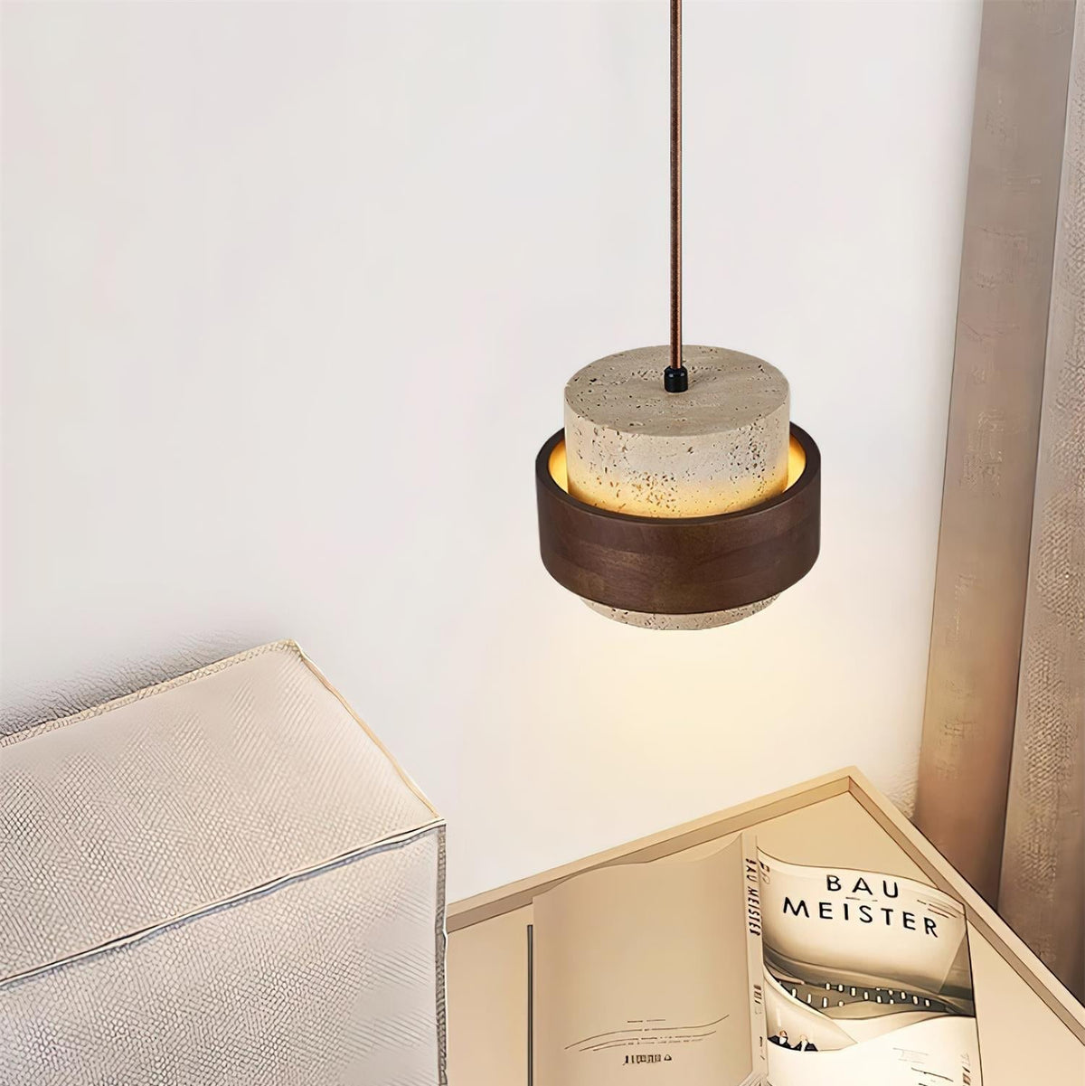 Travertine Pendant Light – Cylindrical Design with Walnut and Adjustable Height