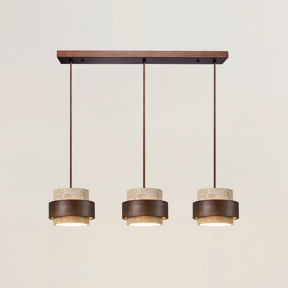 Travertine Pendant Light – Cylindrical Design with Walnut and Adjustable Height