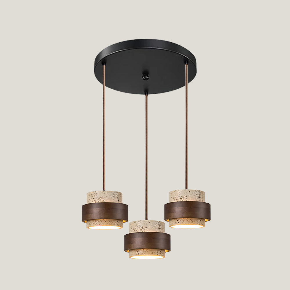 Travertine Pendant Light – Cylindrical Design with Walnut and Adjustable Height