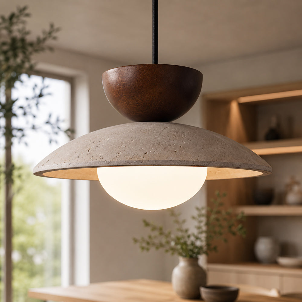 Travertine Pendant Light – White Glass Globe with Adjustable Height