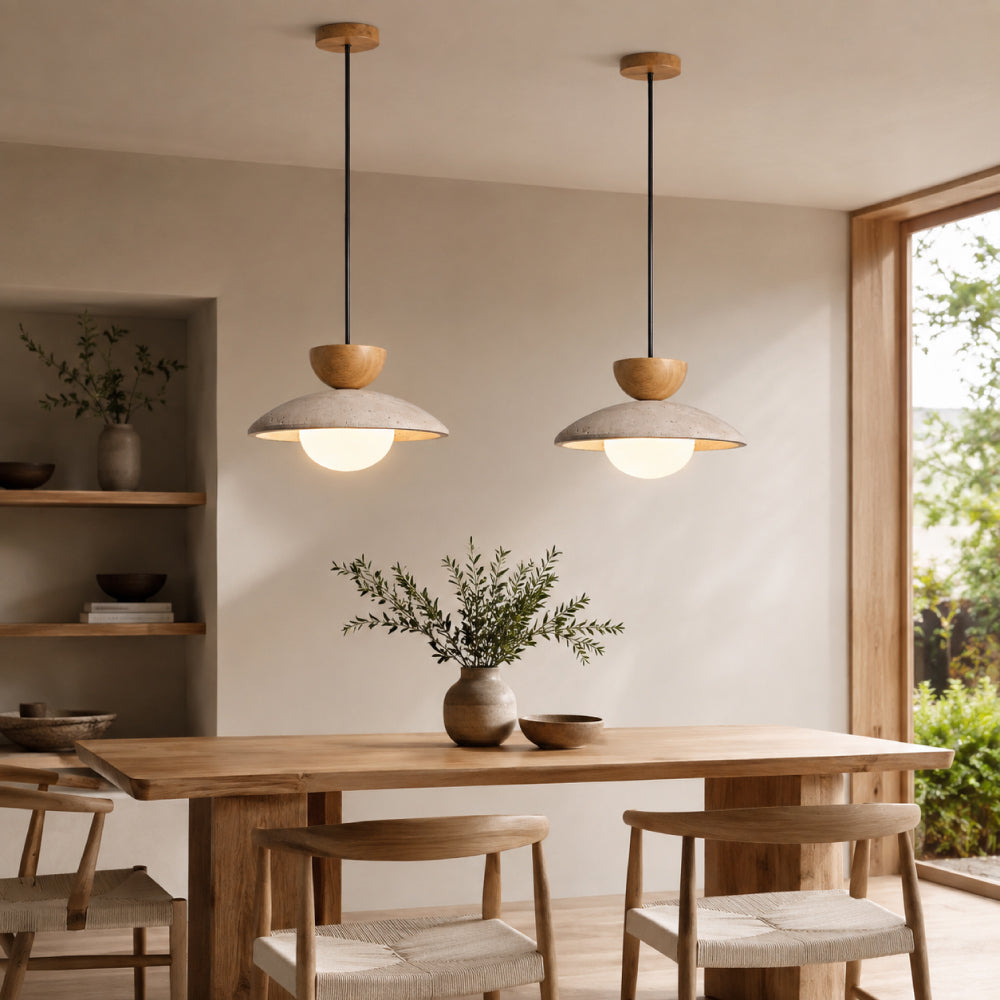 Travertine Pendant Light – White Glass Globe with Adjustable Height
