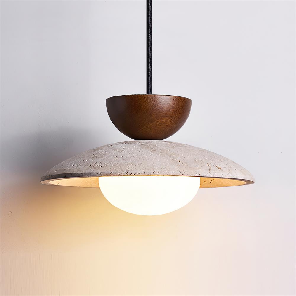 Travertine Pendant Light – White Glass Globe with Adjustable Height