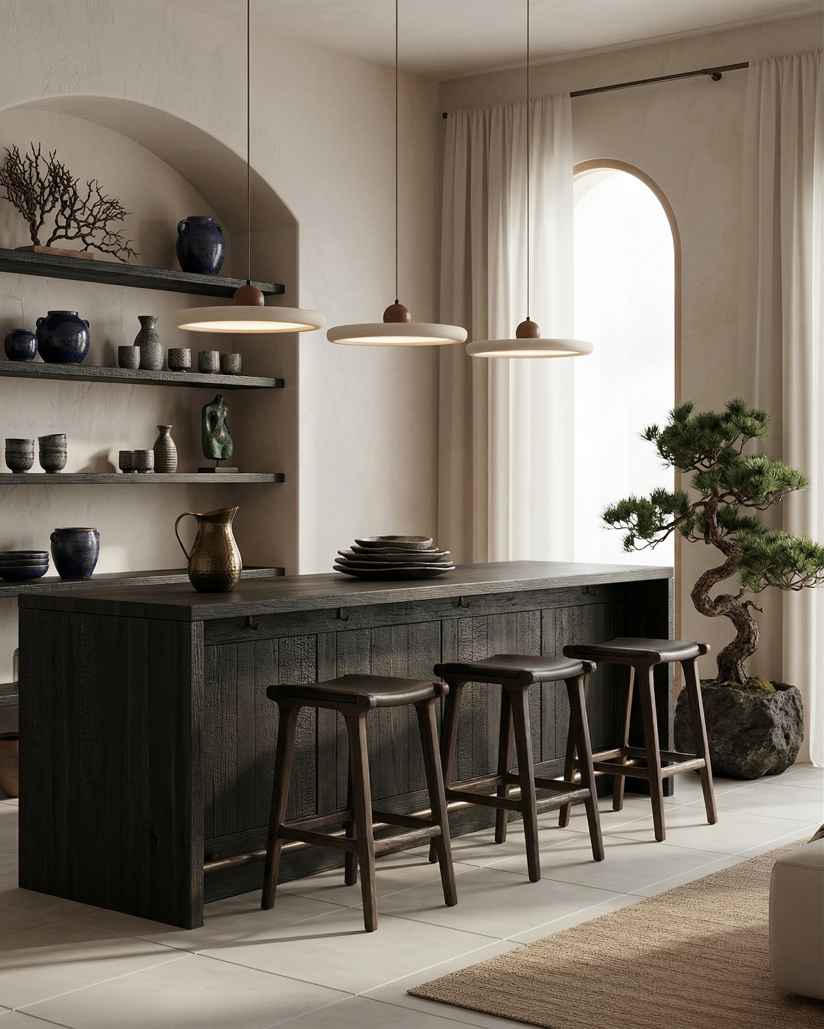Travertine Pendant Light – Round Design with Wood Details